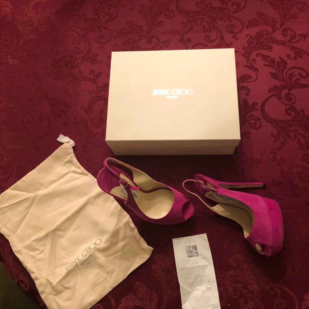 Jimmy Choo fuschia, peep toe, sling-back stilettos - Picture 1 of 4